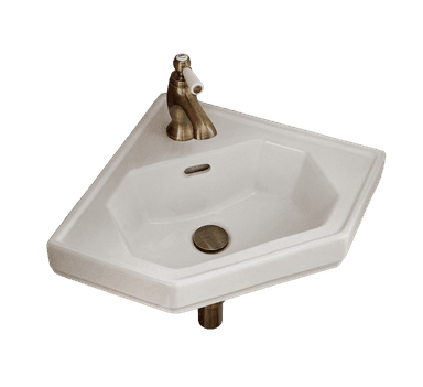 A white ceramic corner sink with a vintage-style brass faucet and drain pipe. The sink features a rectangular basin with rounded corners and a small overflow drain. The faucet has a single lever handle with a white ceramic insert. The drain assembly is also made of brass. — 3D model