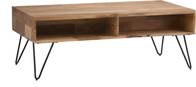 A rectangular coffee table featuring a light-toned oak wood top and frame, supported by black metal hairpin legs. The tabletop structure includes two open storage cubbies, divided by a central vertical panel. The design combines minimalist and industrial aesthetics. — 3D model