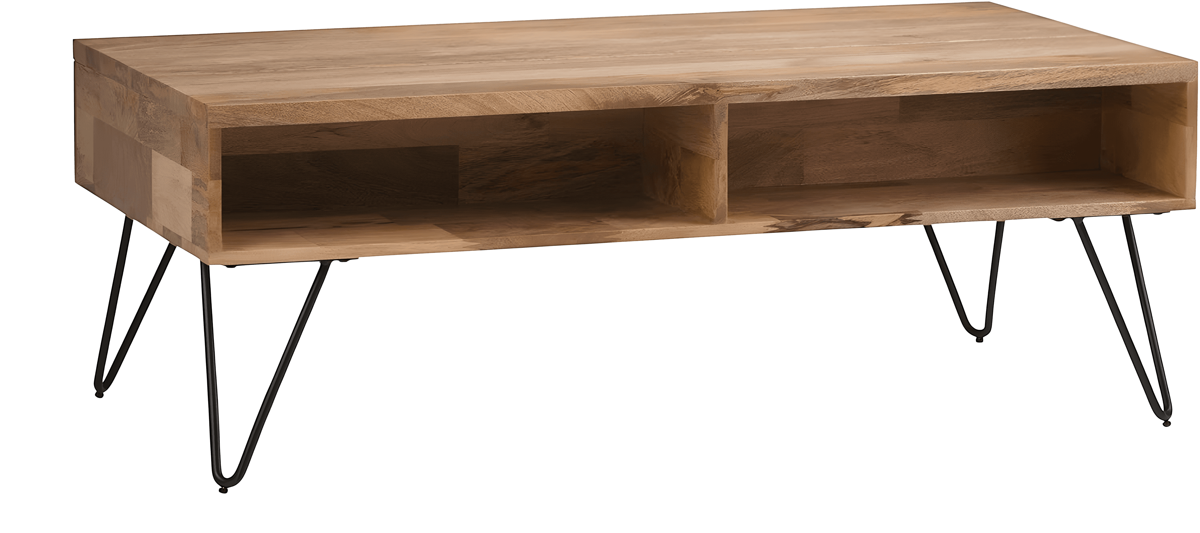 A rectangular coffee table featuring a light-toned oak wood top and frame, supported by black metal hairpin legs. The tabletop structure includes two open storage cubbies, divided by a central vertical panel. The design combines minimalist and industrial aesthetics. — 3D model