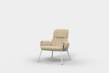 A modern armchair with a high back and padded arms, supported by a slender white metal frame. The upholstery appears to be a textured fabric in a neutral, multi-tonal beige or tan color. — 3D model