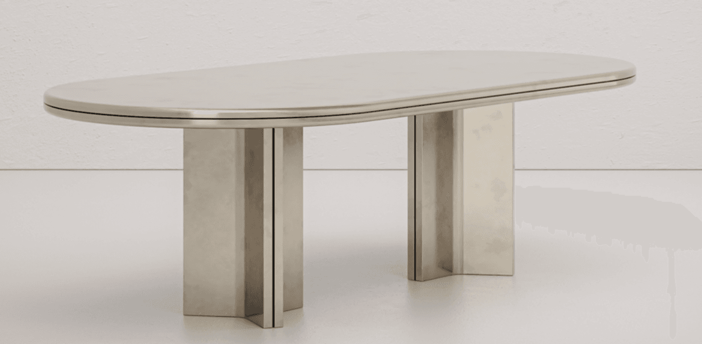 An oval dining table featuring a sleek, brushed metal finish across both its tabletop and its distinctive double pedestal bases. The tabletop has a subtle chamfered edge with a thin black line detail, and each pedestal base is composed of several vertical panels forming a star-like cross-section. — 3D model