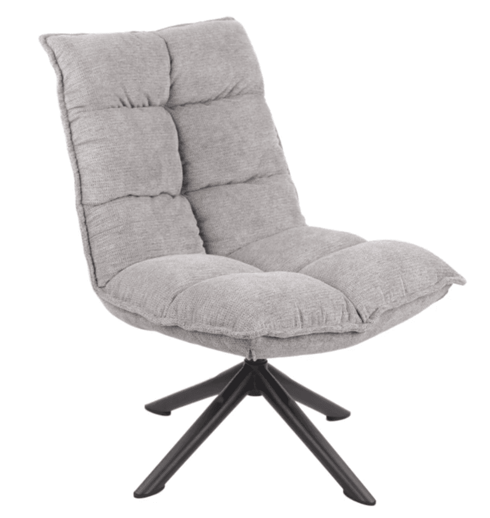 A modern accent chair with a low profile and a swiveling base. The chair features a generously padded seat and backrest, with a tufted design creating a segmented appearance. It is upholstered in a textured gray fabric and supported by a four-legged, star-shaped black metal base. — 3D model