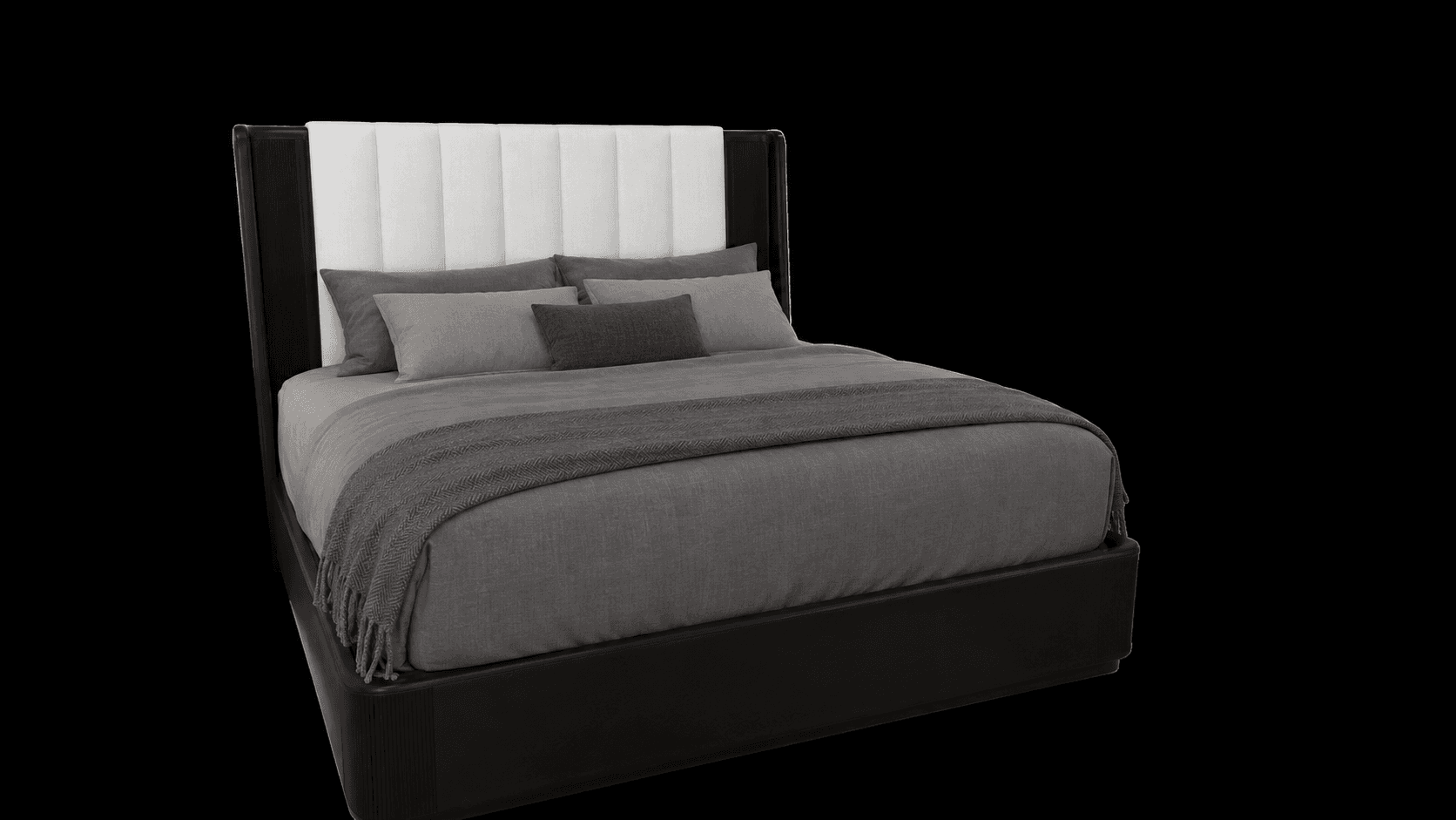 A contemporary upholstered platform bed featuring a distinctive channel-tufted headboard with winged sides. The headboard's central panels are white fabric, contrasting with the dark brown or black upholstered frame and side wings. The low-profile design includes a robust bed frame, and the bed is shown dressed with monochromatic gray bedding. — 3D model