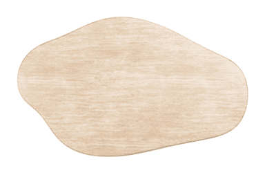 A low-profile coffee table crafted entirely from light beige travertine, featuring an organically shaped, irregular tabletop resting on a sturdy cylindrical pedestal base. The stone exhibits natural veining and a smooth, matte finish, with soft, rounded edges throughout. — 3D model
