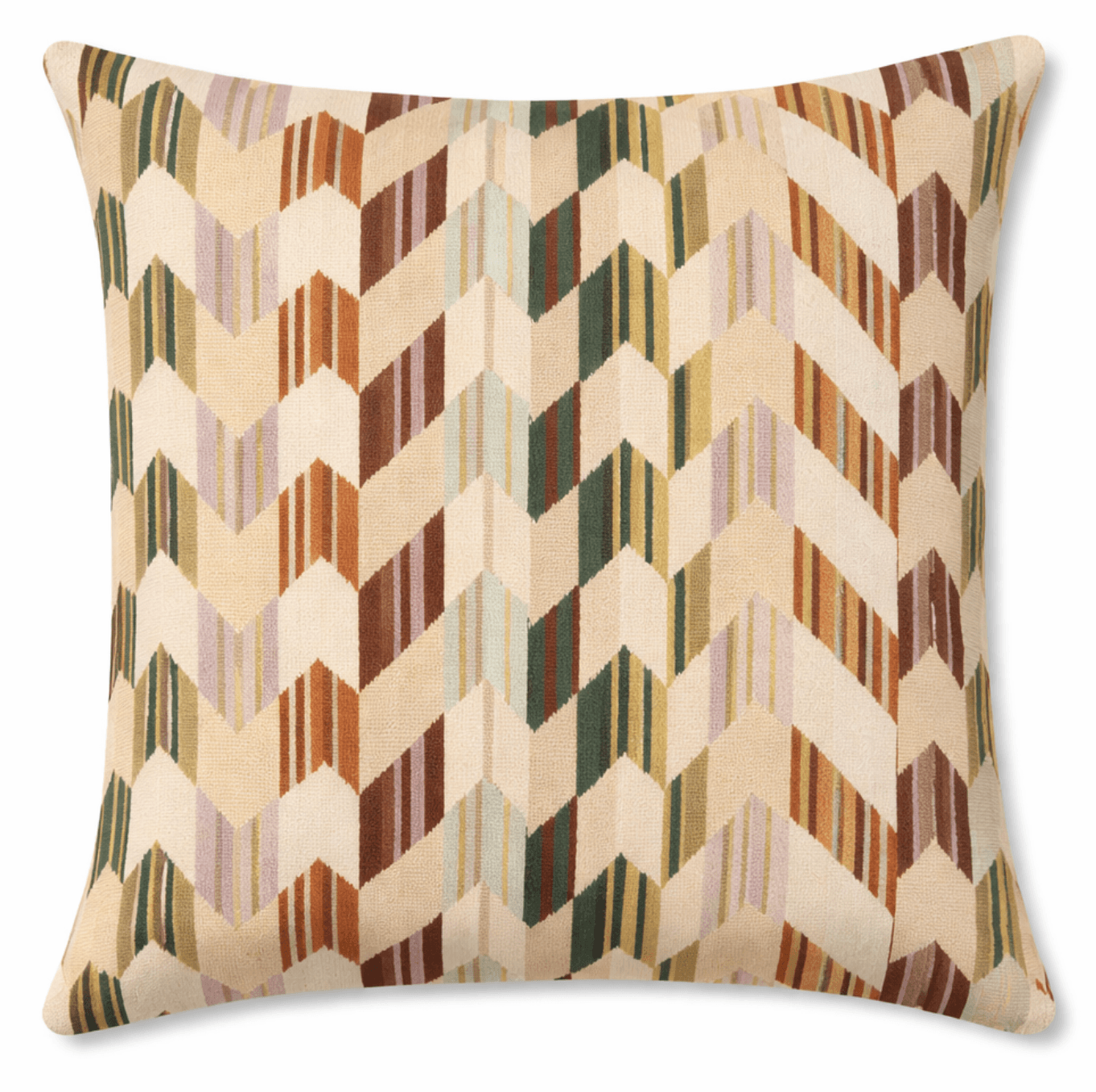 A square cushion with a geometric chevron pattern. The pattern is composed of interlocking chevron shapes created by vertical stripes in various earthy tones, including beige, cream, brown, muted green, and pale purple. The texture appears to be fabric, possibly woven. — 3D model