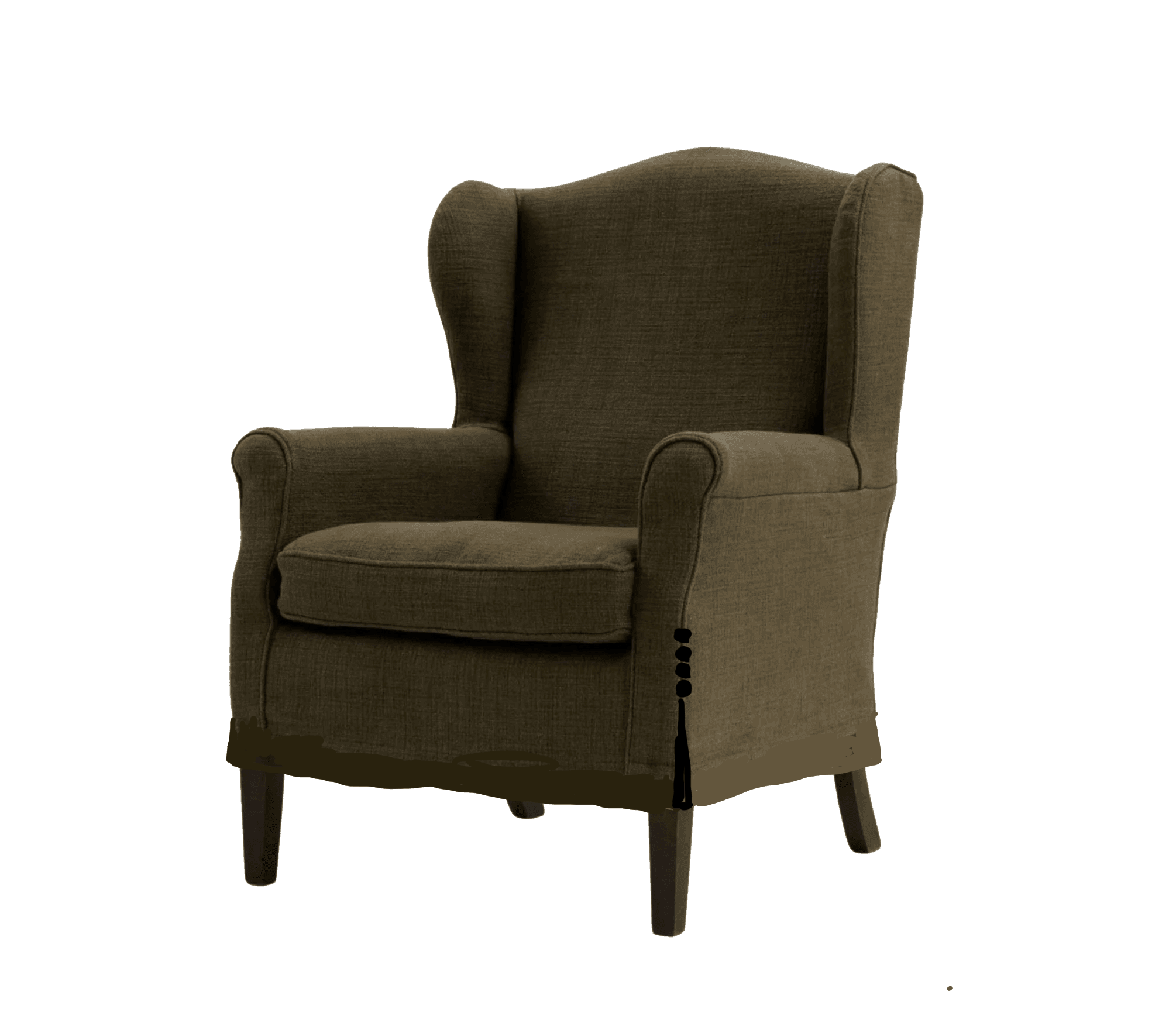 A fabric-upholstered armchair with a high, winged back and rolled arms. It features a seat cushion and is supported by four dark-toned wooden legs. The upholstery has a textured weave, and there are decorative buttons visible on the side of the chair base. — 3D model
