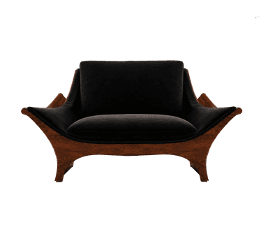 A modern armchair with a sculptural wooden base and a plush black upholstered seat and backrest. The wooden frame has a flowing, curved design that extends upwards to form the armrests, and tapers down to elegant legs. The upholstery appears to be a dark, textured fabric, possibly velvet or a similar material. — 3D model