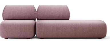 A modern modular seating unit comprising two upholstered sofa modules with distinct curved backrests and a matching rectangular ottoman, all in a warm mustard-colored fabric. — 3D model