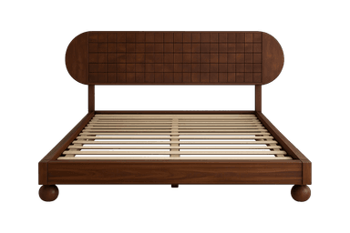 A dark brown wooden platform bed frame featuring a distinctive headboard with a grid-patterned central panel and gracefully rounded side sections. The sturdy bed frame includes integrated wooden slats designed to support a mattress directly, eliminating the need for a box spring. The footboard is subtly elevated by four spherical wooden legs, adding a modern touch to its overall aesthetic. — 3D model