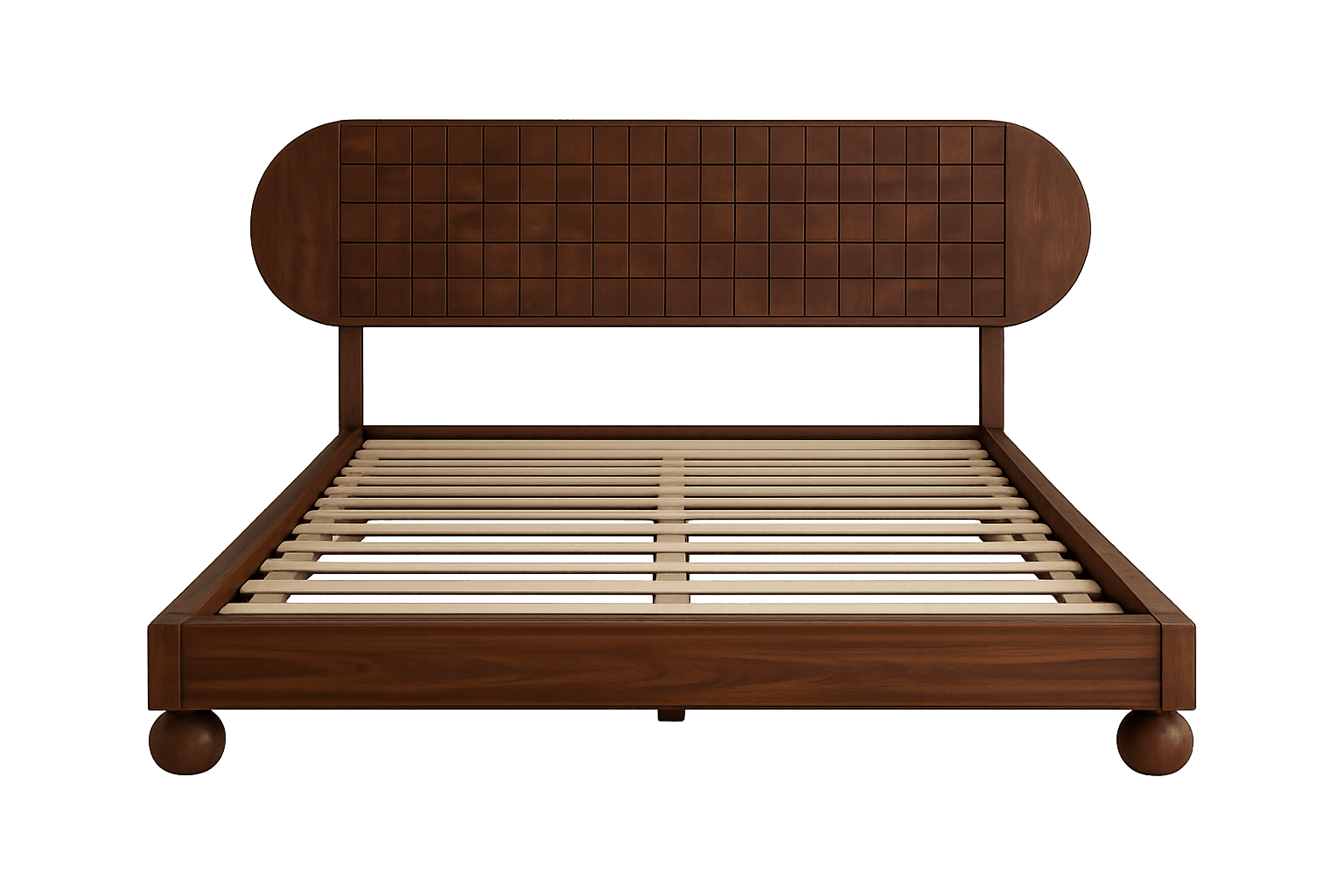 A dark brown wooden platform bed frame featuring a distinctive headboard with a grid-patterned central panel and gracefully rounded side sections. The sturdy bed frame includes integrated wooden slats designed to support a mattress directly, eliminating the need for a box spring. The footboard is subtly elevated by four spherical wooden legs, adding a modern touch to its overall aesthetic. — 3D model