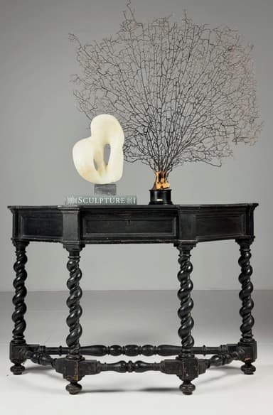 A dark-finished rectangular console table featuring distinctive barley twist legs and a single drawer with a keyhole. A twisted stretcher bar connects the lower sections of the legs, enhancing its classic design. — 3D model