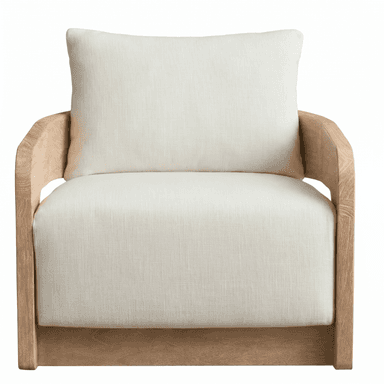 An upholstered armchair featuring a prominent light-toned wooden frame that encapsulates the seat and backrest. The frame has rounded edges and a smooth finish, suggesting a modern or organic design. The cushions are upholstered in a light, textured off-white or cream fabric, consisting of a single seat cushion and a loose back cushion. The overall aesthetic is clean and minimalist, highlighting natural materials. — 3D model