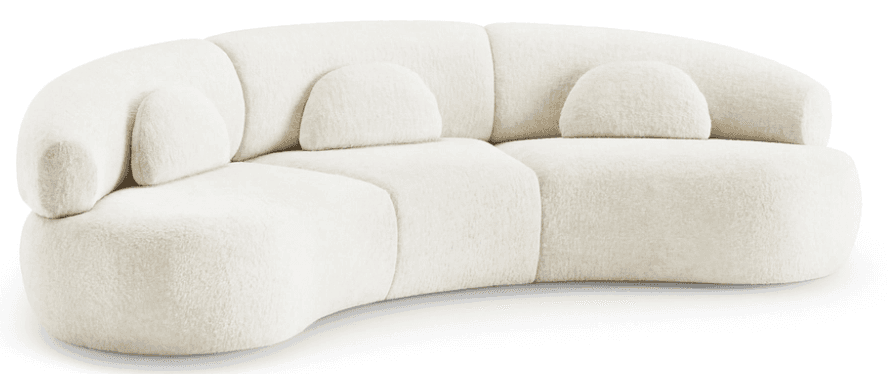 A cream-colored, curved sectional sofa upholstered in plush boucle fabric. The sofa features a serpentine shape composed of multiple modular sections, with integrated semi-circular back cushions and a low-profile design. — 3D model