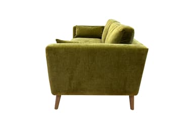 A two-seater loveseat upholstered in ribbed olive green fabric, featuring two loose back cushions and four tapered wooden legs, viewed from the rear. — 3D model