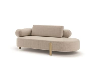 A contemporary chaise lounge with a rounded, upholstered form. It features a low profile, a single armrest on the left side that curves outward, and a long, rectangular back cushion. The piece is elevated by thin, angled legs, with a distinctive gold-toned metal accent piece visible on the front right side, extending upwards from the frame. — 3D model