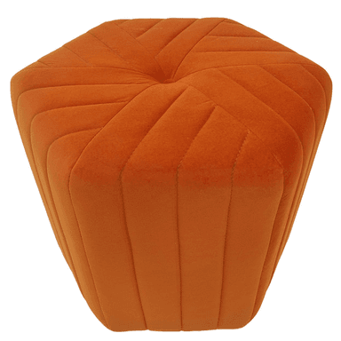 An orange hexagonal ottoman, upholstered in velvet-like fabric with a geometric channel tufting pattern. The top surface features a central button tuft, and the sides taper slightly towards the base. The overall appearance is plush and contemporary. — 3D model