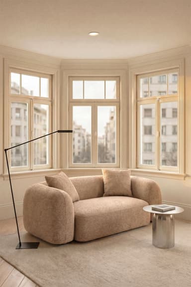 A contemporary two-seater sofa, or loveseat, upholstered in a beige textured fabric with soft, rounded armrests and back. — 3D model