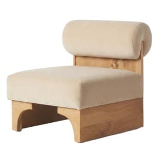 A low-profile armchair with a upholstered seat and backrest, supported by a wooden frame. The seat is rectangular, and the backrest is a cylindrical cushion attached to a wooden panel. The wooden frame has a modern, minimalist design with curved legs. — 3D model
