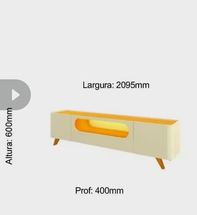 A modern media console featuring a long, rectangular silhouette with rounded corners, elevated on four tapered, splayed legs. The body of the console is a light cream or off-white color, while the top surface and the interior of the central open compartment are a vibrant orange-yellow hue, creating a striking two-tone design. The console includes a large, horizontally oriented open cubby in the center, flanked by two closed compartments, likely with doors, for concealed storage. — 3D model