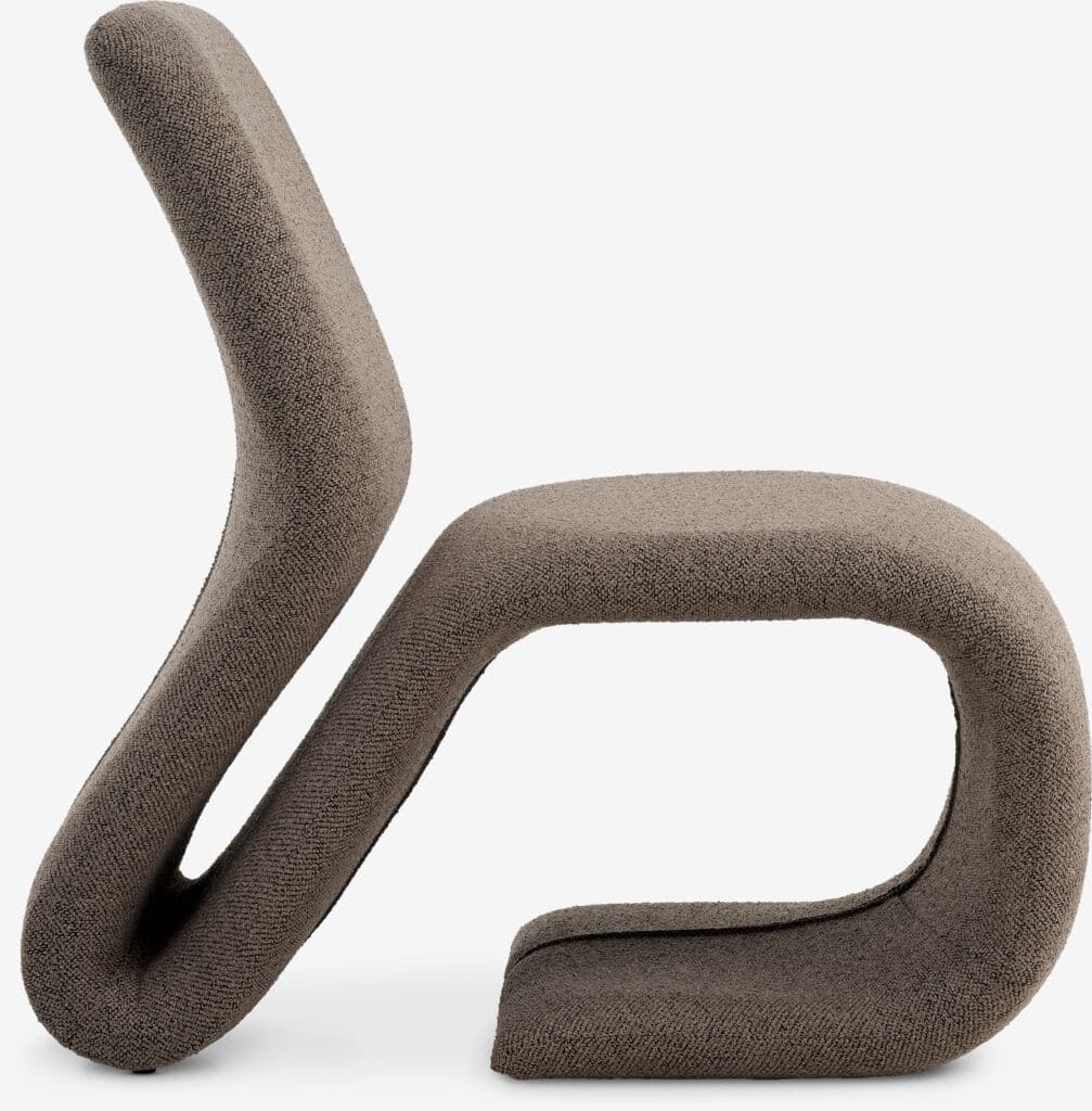A contemporary, sculptural lounge chair with a continuous, wavy form, upholstered in a textured taupe fabric. — 3D model