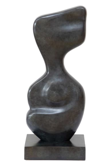 An abstract, biomorphic sculpture with smooth, undulating surfaces, rendered in dark patinated bronze. The form evokes a stylized human or organic shape, resting on a sturdy rectangular base of the same material and finish. Its curves are fluid and continuous, suggesting movement despite its static nature. — 3D model