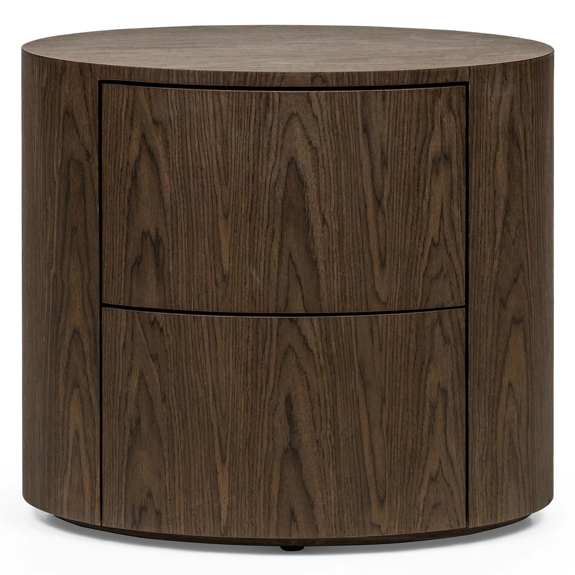 A contemporary round nightstand or accent cabinet made from dark walnut veneer. It features a cylindrical form with two horizontally stacked, curved drawer fronts that blend seamlessly into the overall shape. The wood grain is prominent, and the piece rests on a slightly recessed plinth base. — 3D model