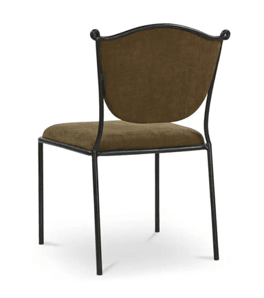 An armless dining chair featuring a black metal frame with an upholstered seat and a curved, upholstered backrest in an olive-green fabric. The frame includes subtle scrolled detailing at the top of the back. — 3D model