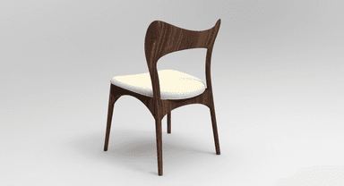 A modern dining chair featuring a dark walnut wood frame and an off-white upholstered seat, with a distinctive curved and open backrest. — 3D model