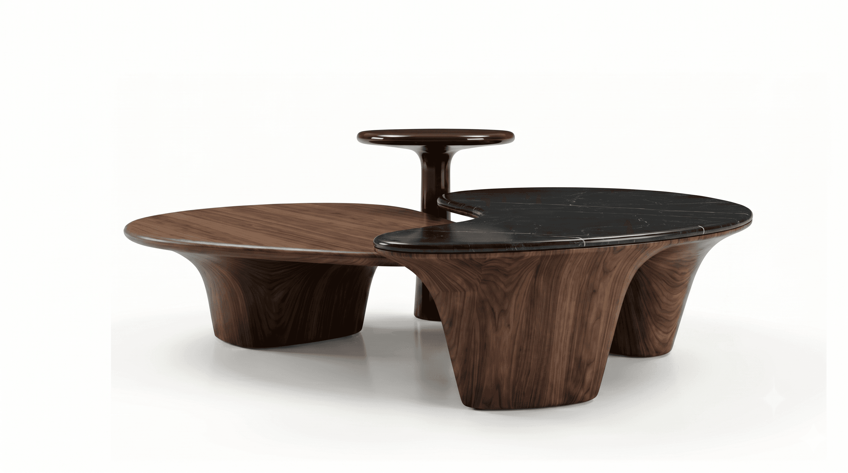A three-piece organic modern coffee table set featuring a combination of rich walnut wood and dark marble tops, with fluid, sculptural bases. — 3D model
