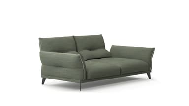A modern two-seater sofa or loveseat upholstered in a textured green fabric, featuring exposed white piping along the edges of the cushions and armrests, supported by slender dark metal legs. — 3D model