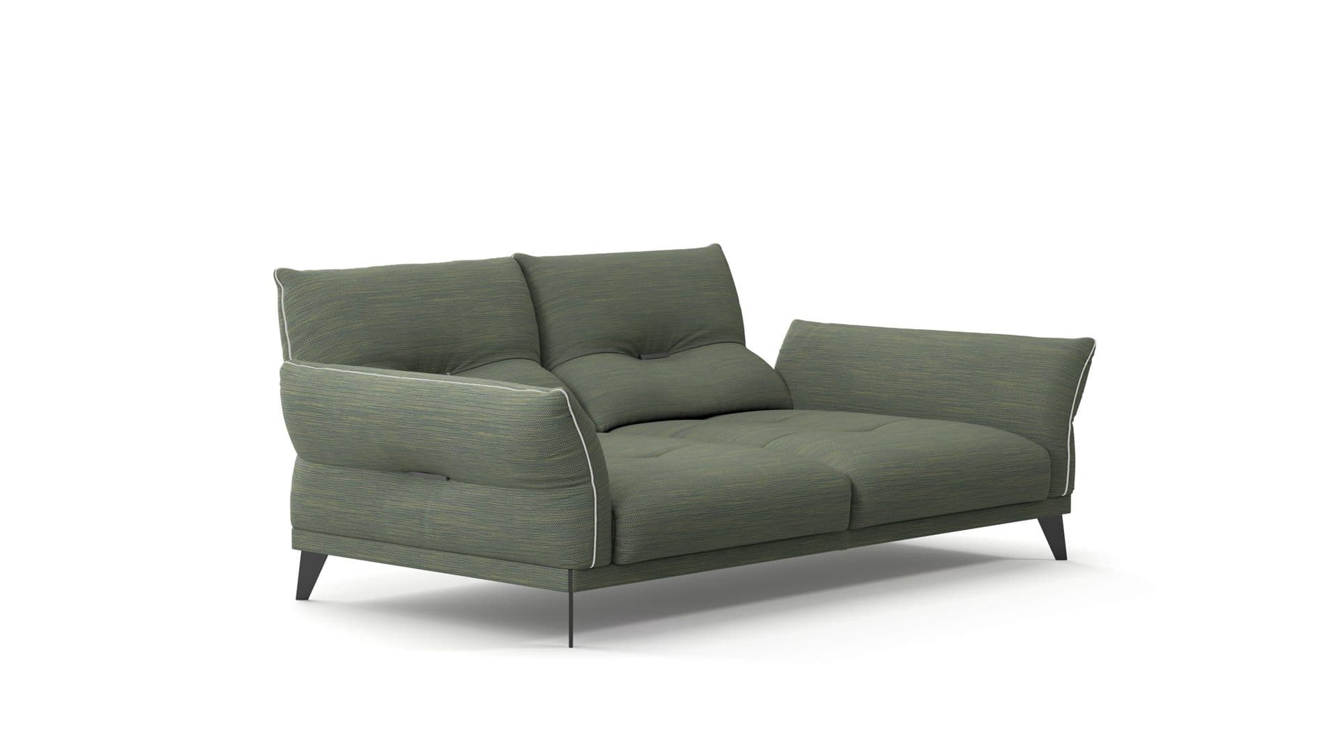 A modern two-seater sofa or loveseat upholstered in a textured green fabric, featuring exposed white piping along the edges of the cushions and armrests, supported by slender dark metal legs. — 3D model