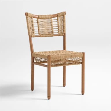 A contemporary dining chair featuring a solid light wood frame and natural woven rope for both the seat and backrest. The chair has a straightforward design with four straight, subtly tapered legs and a slightly curved backrest top rail. The weaving pattern on the seat is a tighter, denser mesh, while the backrest uses a combination of horizontal and vertical woven bands, exposing parts of the wooden frame. — 3D model