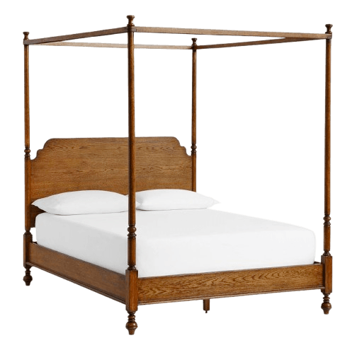 A wooden four-poster bed frame with a rectangular headboard featuring a scalloped top edge and turned posts. The bed includes a mattress and two pillows. — 3D model