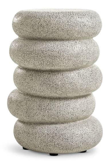 A modern cylindrical stool featuring a stacked design of five rounded segments, finished with a speckled, light gray texture. The form is minimalist and sculptural, resting on small, discreet feet. — 3D model