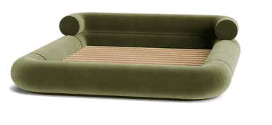 A modern platform bed frame featuring a plush, rounded design upholstered in an olive green velvet-like fabric. It includes an integrated headboard and wooden slats for mattress support. — 3D model