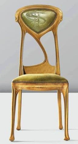 A single, armless chair featuring a distinctive Art Nouveau design. The chair's frame is constructed from wood with a metallic gilt finish, giving it a golden appearance. The backrest has an undulating, organically curved form with cutout details. Both the seat and the central panel of the backrest are upholstered in a light green material, possibly leather or faux leather, and secured with decorative nailhead trim. The backrest's upholstered section includes an embossed, stylized symbol. The legs are subtly curved, with the front legs exhibiting a more pronounced cabriole-like curve ending in small scrolled feet. — 3D model