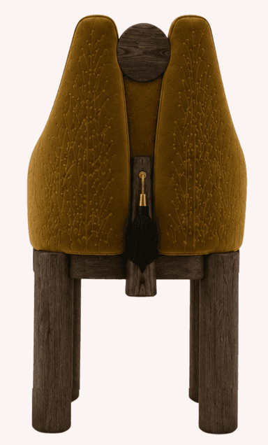 An upholstered dining chair featuring a unique sculptural cutout backrest, rich ochre-colored textured fabric, and chunky dark wood legs. — 3D model