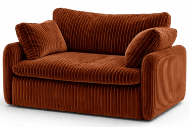A compact two-seater loveseat, fully upholstered in a burnt orange corduroy fabric with a distinct ribbed texture. It features plush, deep seating cushions, wide padded armrests, and two matching loose back cushions, providing a soft and inviting aesthetic. The design suggests a modern or contemporary style with an emphasis on comfort. — 3D model