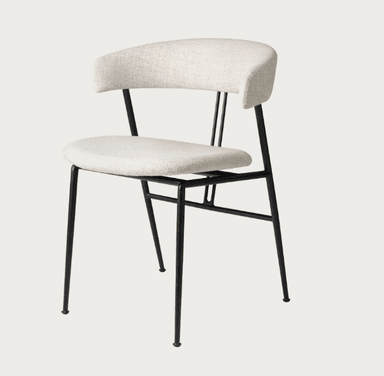 A contemporary dining chair featuring a light-colored upholstered seat and a curved backrest, supported by a slender black metal frame. — 3D model