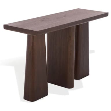 A minimalist dark wood bench featuring a rectangular top and three thick, block-style legs with rounded edges. — 3D model