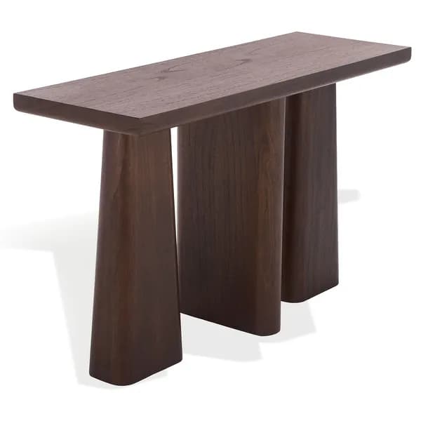 A minimalist dark wood bench featuring a rectangular top and three thick, block-style legs with rounded edges. — 3D model