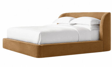 A modern upholstered platform bed featuring a continuous, curved wraparound headboard and side rails, all covered in a smooth camel-colored velvet fabric. The bed is presented with white bedding, showcasing its minimalist and inviting design. — 3D model
