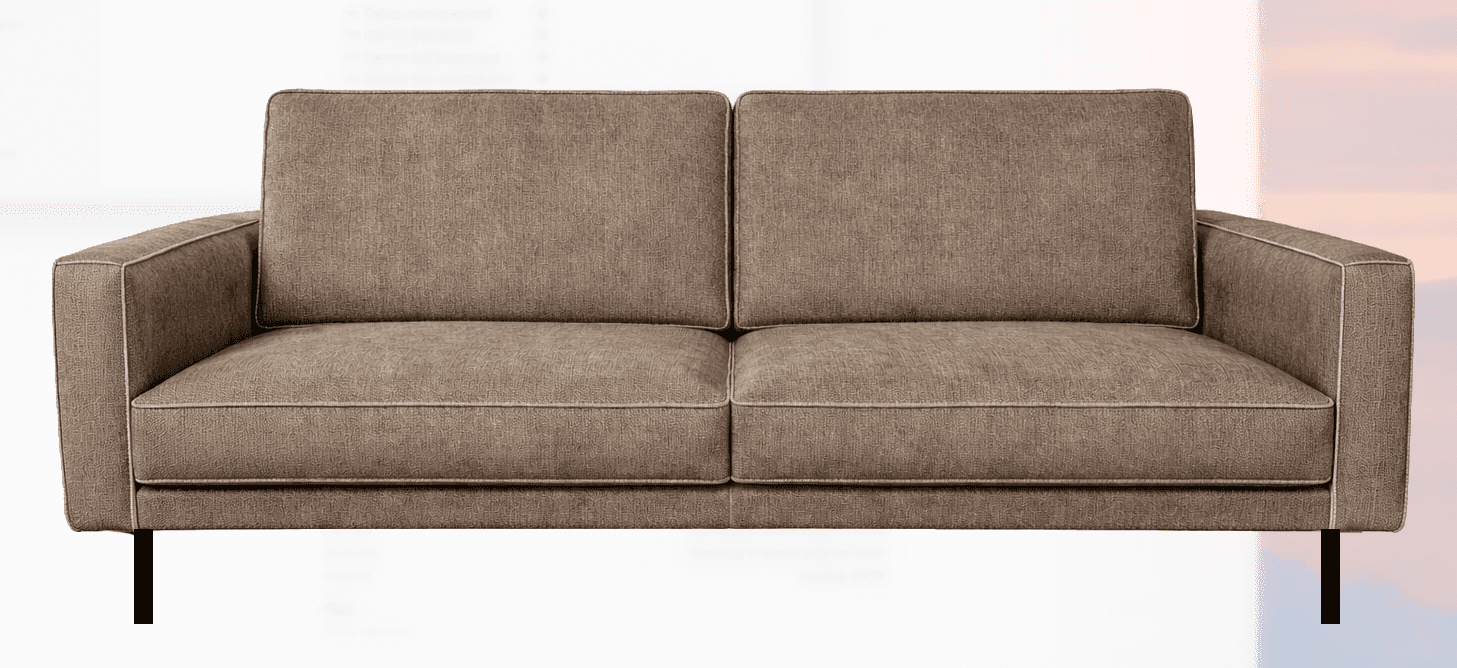 A two-seater sofa with a contemporary design. The sofa features upholstered cushions for the seat and back, with a textured fabric finish. It has straight, padded arms and is supported by thin, dark-colored legs. — 3D model