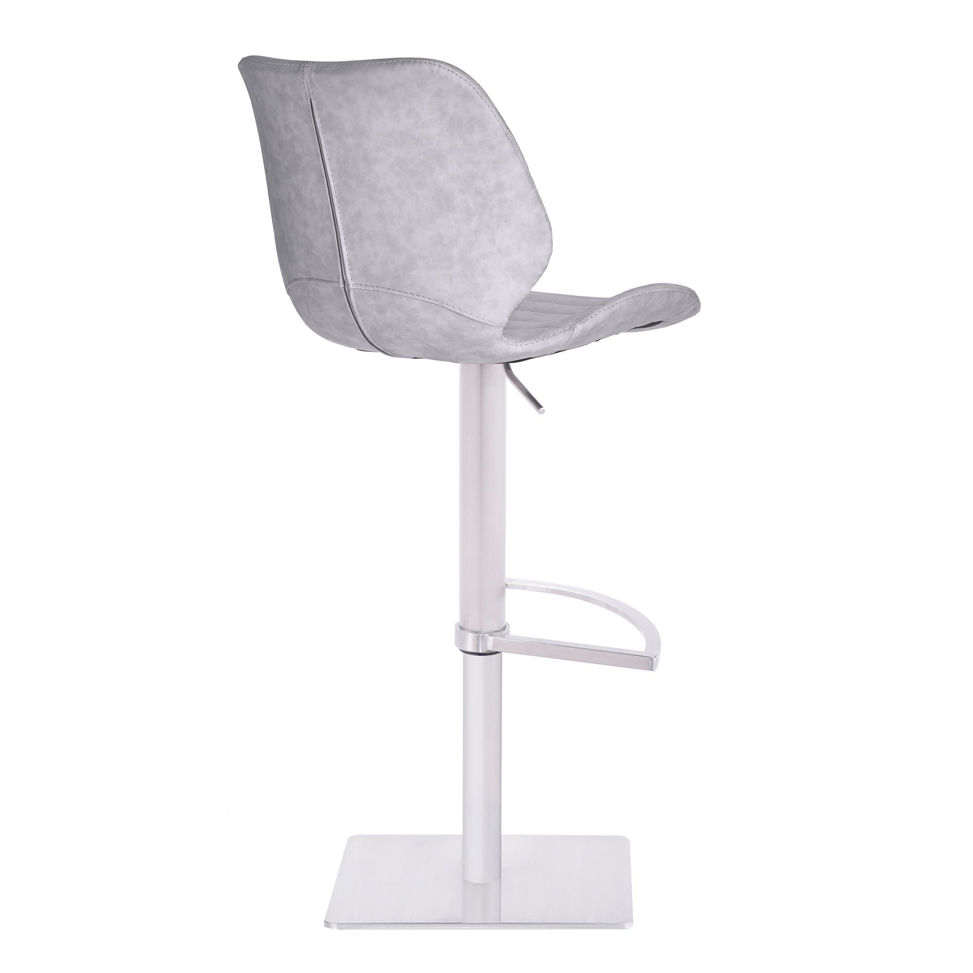A modern bar stool with a light grey upholstered seat and backrest. The stool features a single, adjustable height central column supported by a square base. A footrest is integrated into the column. — 3D model