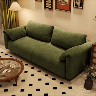 A contemporary two-seater sofa upholstered in a muted olive green ribbed fabric, featuring wide integrated arms and loose back cushions. — 3D model