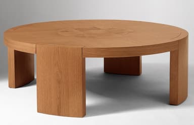 A round, low-profile coffee table constructed from natural oak wood. The tabletop features a subtle veneered pattern created by contrasting wood grain directions. It is supported by three thick, rectangular block legs that are seamlessly integrated into the underside of the tabletop, giving it a sturdy and grounded appearance. The overall aesthetic is modern and minimalist with clean lines. — 3D model
