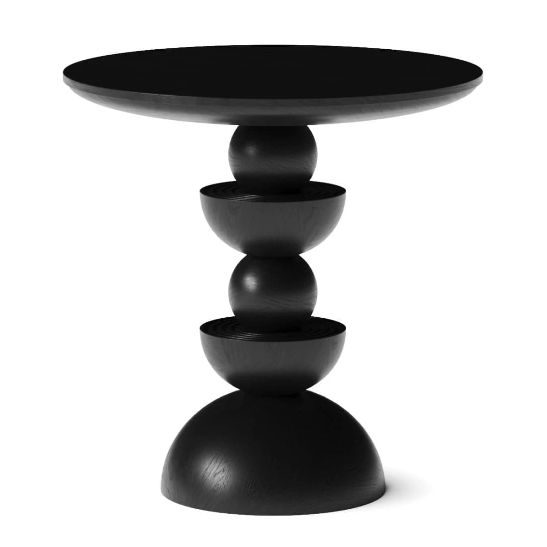 A contemporary black side table featuring a distinctive sculptural base composed of stacked geometric forms, topped with a simple round tabletop, all crafted from wood. — 3D model