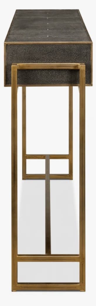 A narrow console table with a rectangular top, featuring three drawers with brass rectangular pulls. The base is constructed from thin, angular metal legs connected by a lower stretcher bar. — 3D model