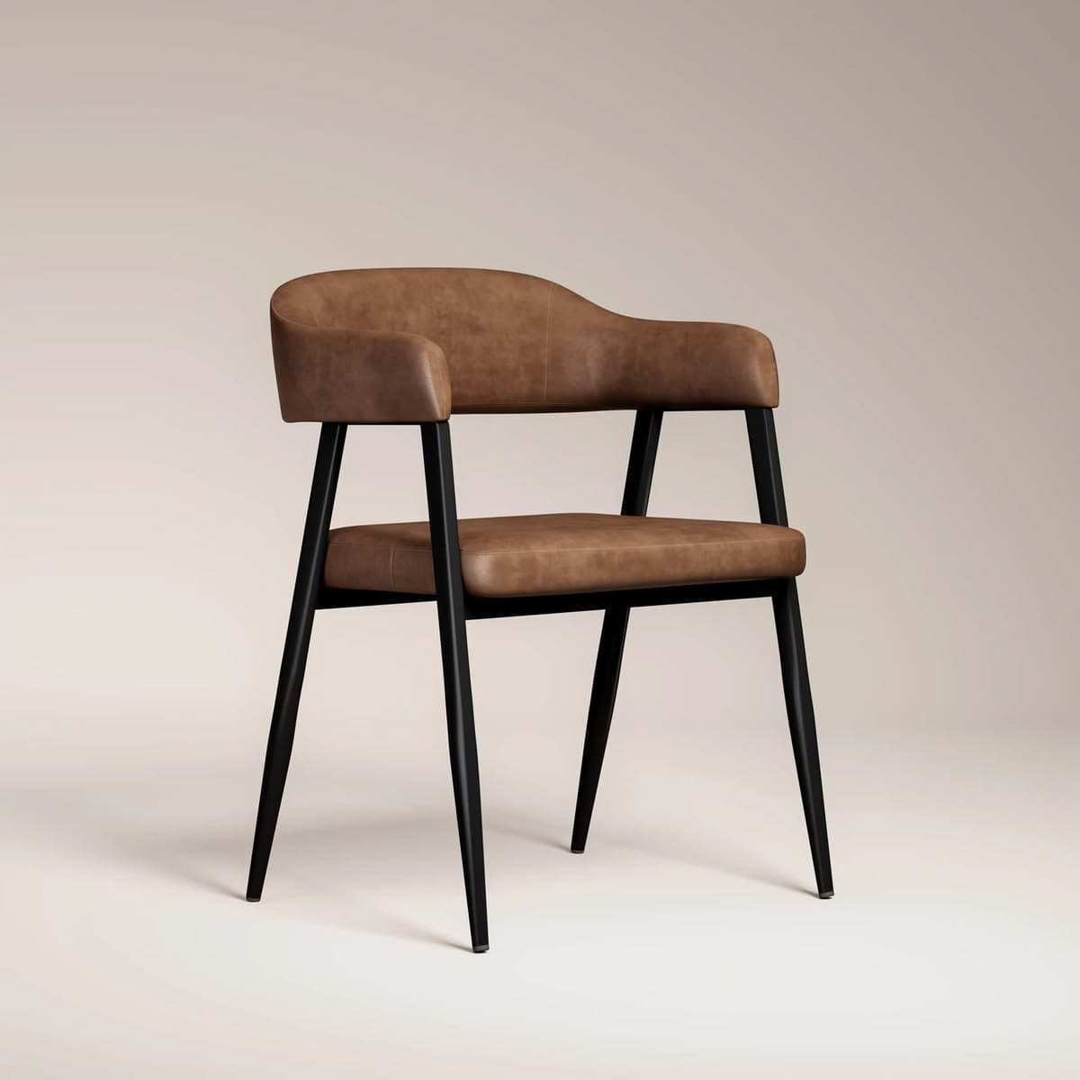A contemporary dining armchair featuring a brown upholstered seat and back with integrated armrests, supported by a black metal frame and tapered legs. — 3D model