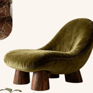 An armless lounge chair with a distinct sculptural, organic form, upholstered in olive green velvet fabric. The chair features a low-profile design and is supported by four robust, tapered legs made of dark-finished wood. The upholstery shows soft folds and texture, emphasizing the chair's curved silhouette. — 3D model